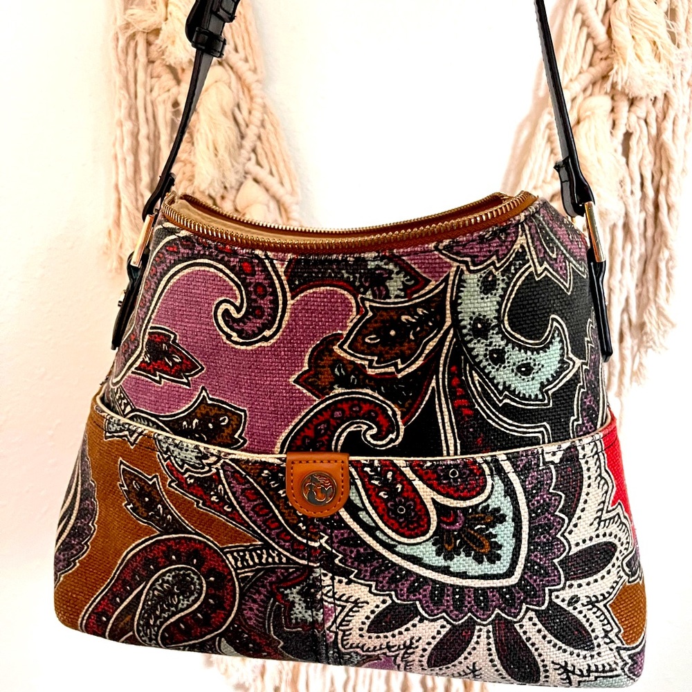 Spartina 449 Boho Linen & Leather Paisley Shoulder Bag “Daufuskie Island”